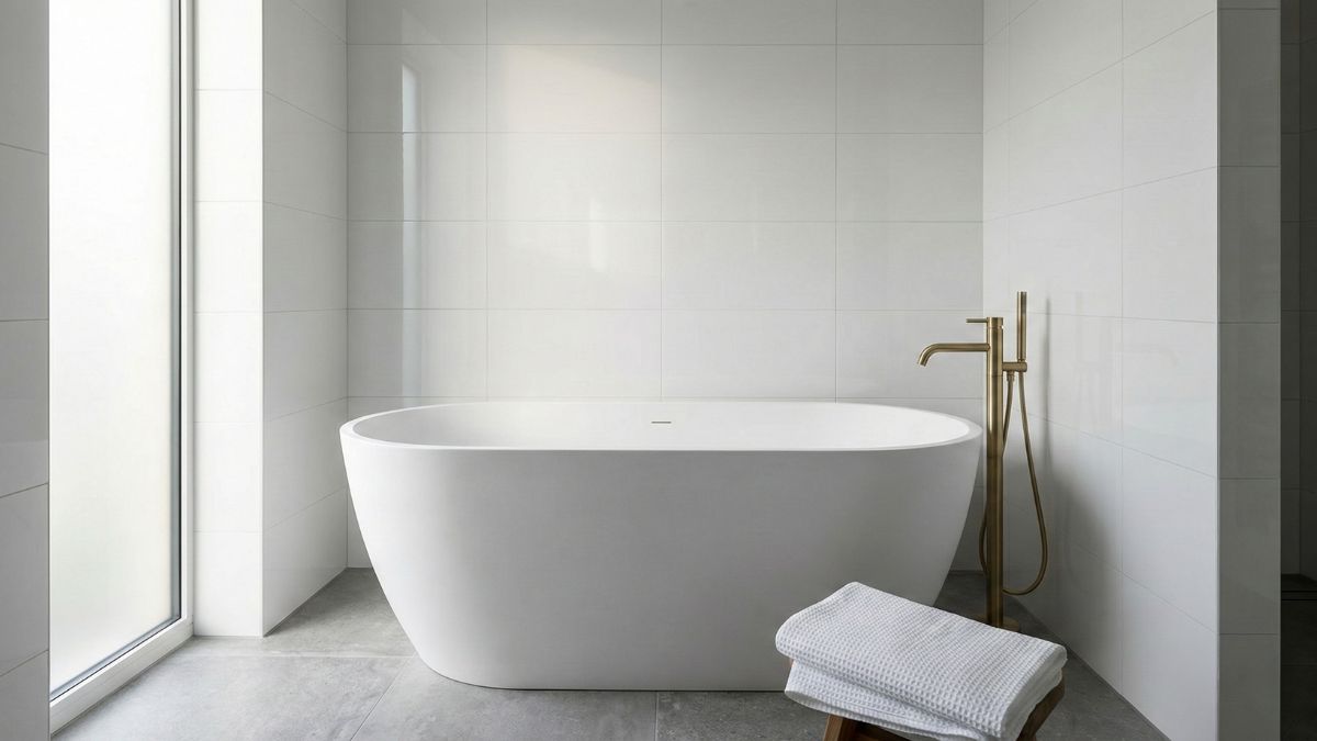Modern British bathroom with large-format white porcelain wall tiles and matt grey floor tiles
