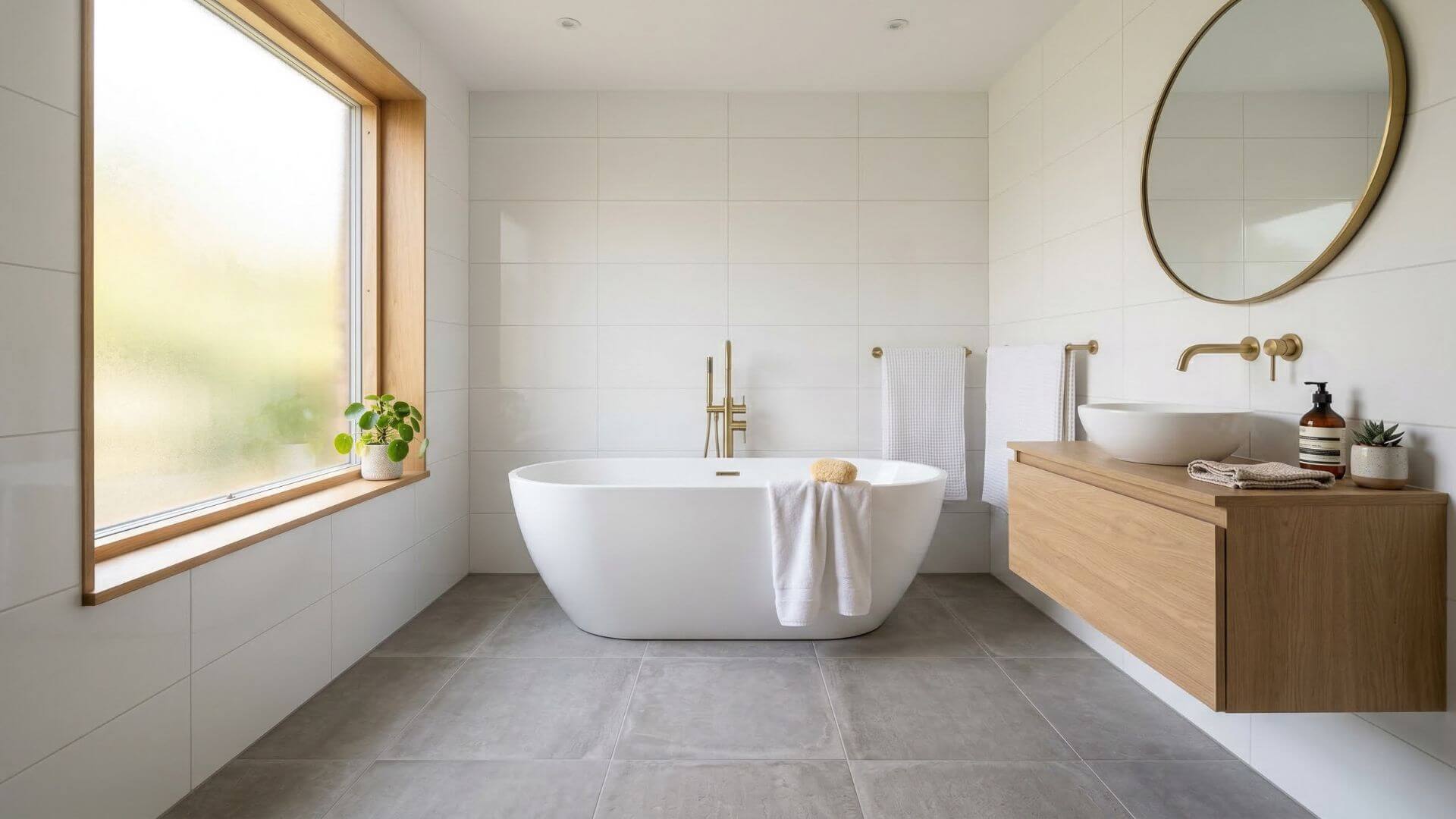 Modern UK bathroom with large-format matt porcelain floor tiles over underfloor heating