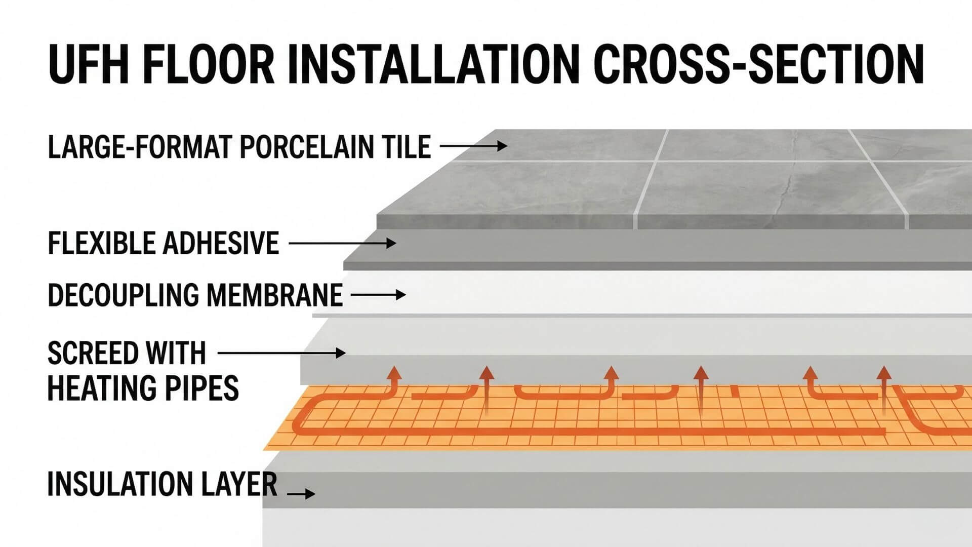 Diagram showing layers of underfloor heating tile installation: screed, decoupling membrane, adhesive, tile