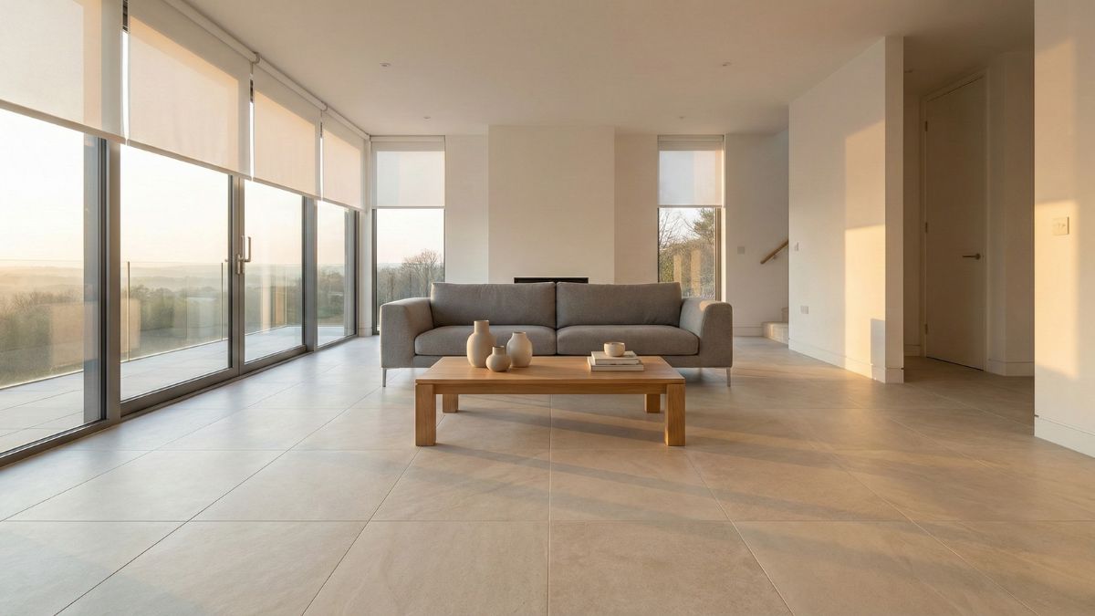 Elegant open-plan living room with large-format light beige porcelain floor tiles and underfloor heating