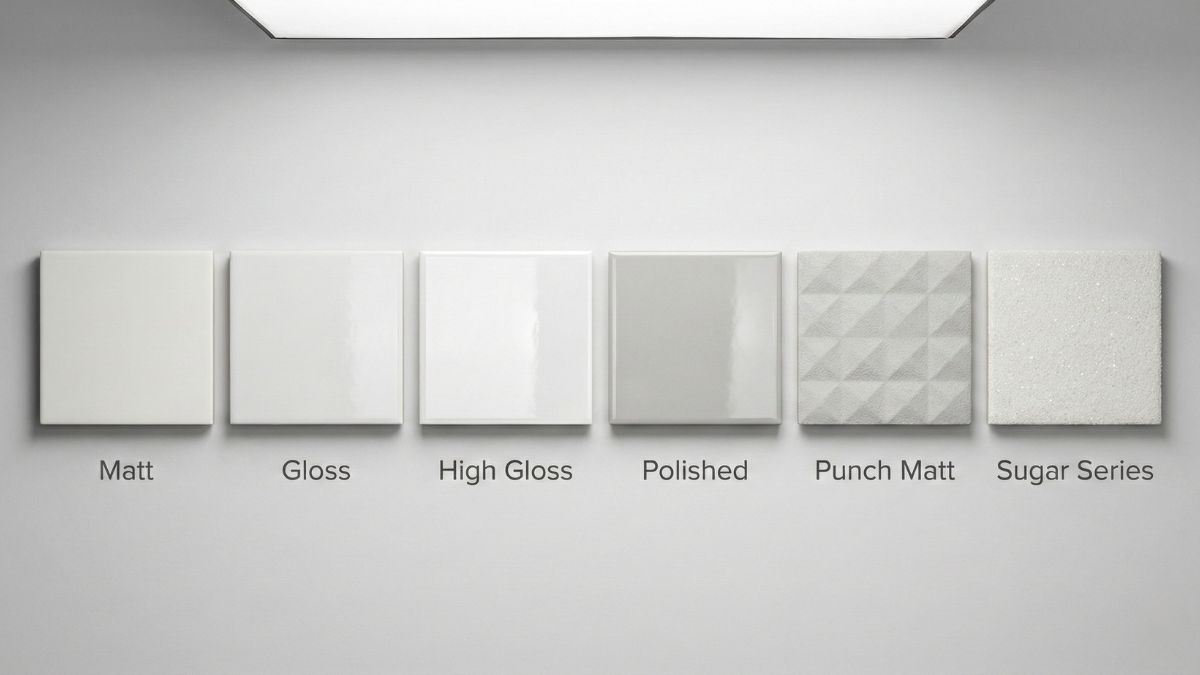 Tile finish comparison showing matt, gloss, polished, textured and sugar series tile samples