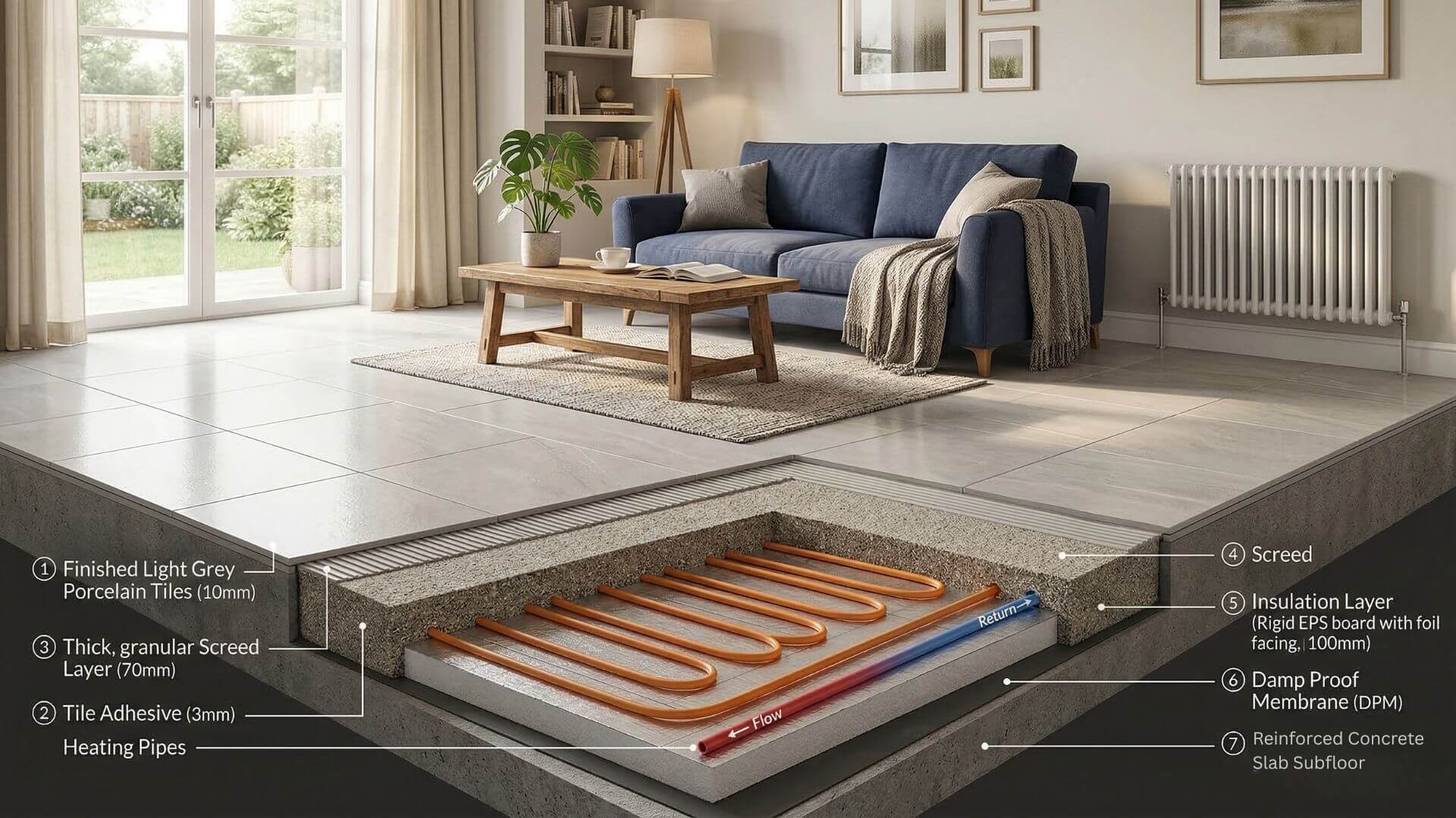 Modern UK home with large-format porcelain floor tiles over underfloor heating system