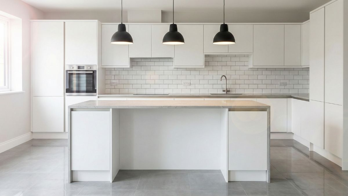Contemporary UK kitchen with large-format porcelain floor tiles and gloss white ceramic wall tiles