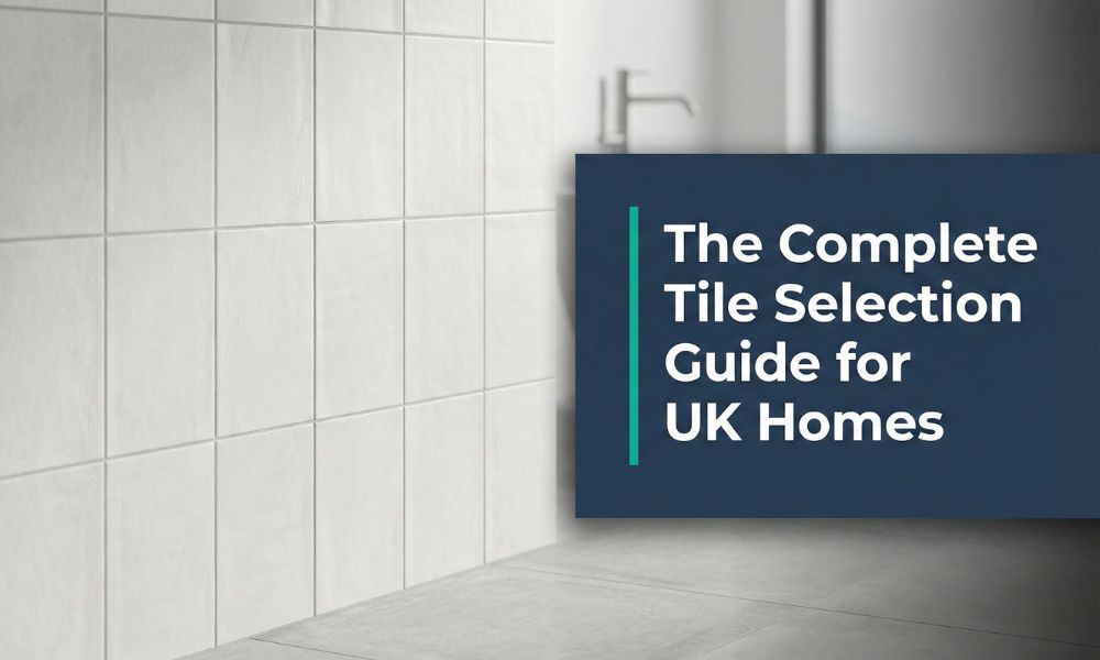 Modern UK home interior featuring large-format grey porcelain floor tiles and white gloss wall tiles